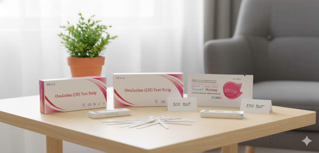 Ovulation test kit price in Bangladesh (ওভুলেশন টেস্ট কিট দাম) featuring LH test strip, cassette, midstream and Sweet Honey ovulation strips for fertility tracking.